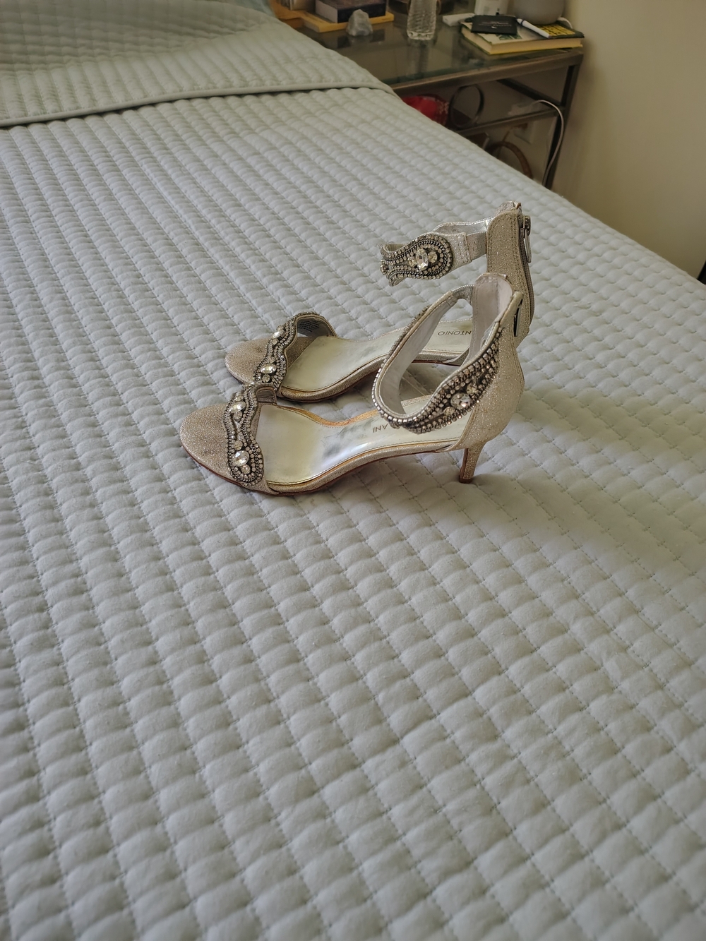 ANTONIO MELANI Champagne Beaded Ankle-Strap Heels